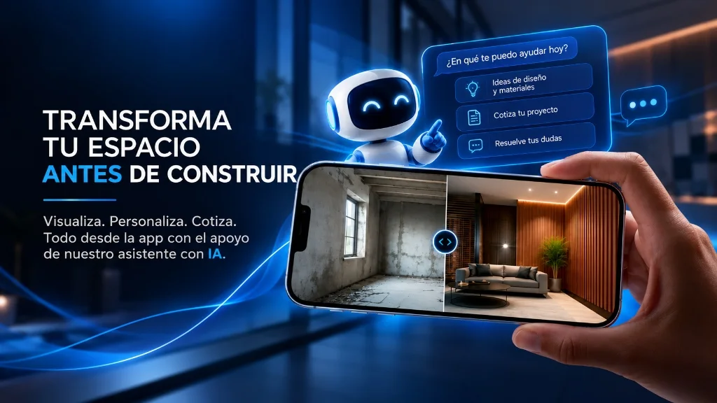 Pared de sala antes y después de proyectar un panel con la Building Innovation App
