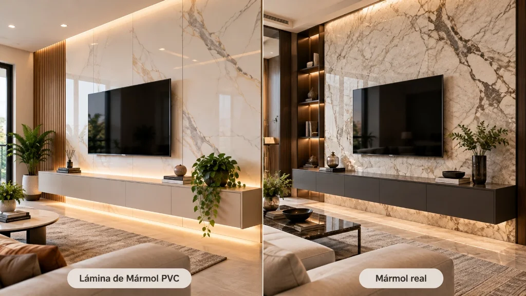 Comparativa visual entre lámina de mármol PVC UNITEC y mármol real en pared de televisión