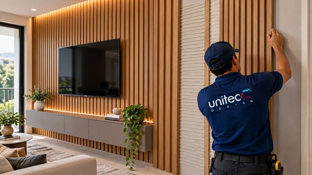 Instalación rápida de paneles WPC de interior UNITEC USA Design con adhesivo